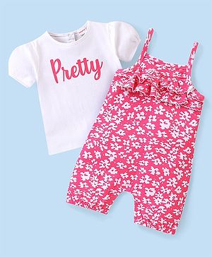 Babyhug 100% Cotton Knit Dungaree and Half Sleeves Printed Top - White & Pink