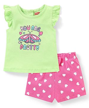 Babyhug Single Jersey Knit Half Sleeves Night Suit with Text & Heart Print - Green & Pink