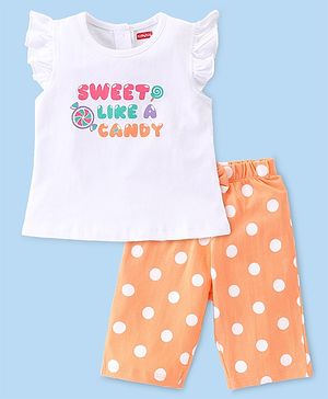 Babyhug Single Jersey Knit  Half  Sleeves Capri Nightsuit  Text & Polka Dot Print - White & Orange