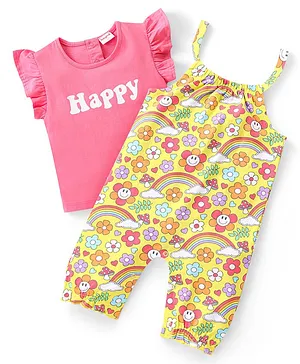 Babyhug Single Jersey Knit Dungarees
                              Half Sleeves T-Shirt with Text &
                              Floral Print - Multicolour