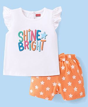 Babyhug Single Jersey Knit Half Sleeves Nightsuit with Text & Star Print - White & Orange