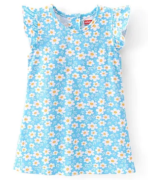 Babyhug Cotton Knit Single Jersey Frill Sleeves Nighty With Flower Print - Blue