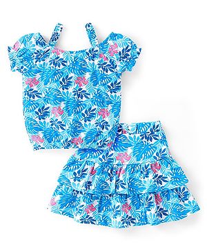 Babyhug Cotton Knit Cold Shoulder Sleeve  Top & Shorts Set with Floral Print - Blue