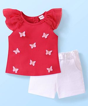 Babyhug Single Jersey Frilled Cap Sleeves Top and Shorts with Butterfly Applique -Red & White