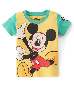Babyhug Disney 100% Cotton Knit Half Sleeve T-Shirt with Mickey Mouse Graphics - Yellow