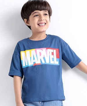 Babyhug Marvel 100% Cotton Knit  Oversized Half Sleeves T-Shirt With Marvel Text - Navy Blue