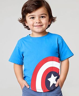 Babyhug Marvel Cotton Knit Half Sleeves Oversized T-Shirt Captain America Graphics Print - Blue