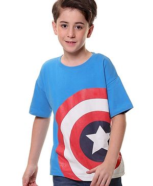 Pine Kids Marvel Cotton Knit Half Sleeves  Oversized T-Shirt Captain America Graphics - Blue