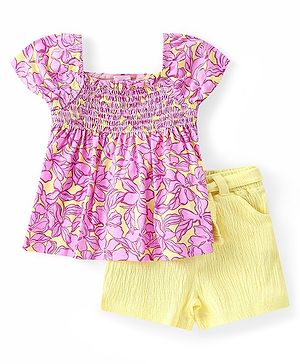 Babyhug Single Jersey Knit Half Sleeves Top & Shorts Set with Floral Print - Multicolour