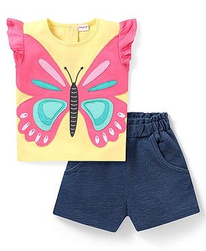 Babyhug Single Jersey Knit Frill Sleeves Top & Denim Shorts Set with Butterfly Patch - Yellow