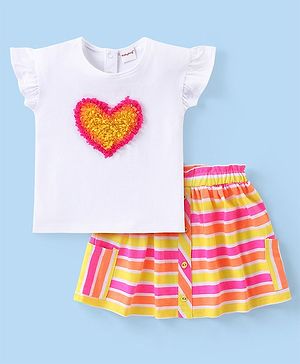 Babyhug Cotton Knit Frill Sleeves Heart Applique Top & Striped Skirt Set - Multicolor