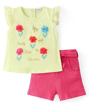 Babyhug Cotton Knit Frill Sleeves Floral Printed Top & Shorts Set - Off White & Pink