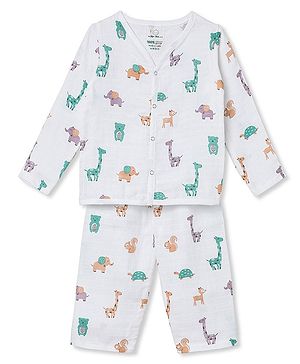 The Boo Boo Club Cotton Full Sleeves Animals Printed Coordinating Night Suit - White