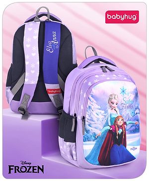 Babyhug Disney Frozen Sisters Forever School Backpack|2 Main Compartments, 1 Front Pockets, 2 side Bottle Pockets|Water Resistant|Long lasting and Durable Zippers | Comfortable back cushioning | For School, Travel and Outdoors|Lavender- 15 inches