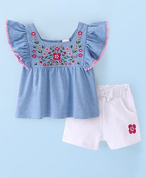 Babyhug Chambray Woven Half Sleeves Top & Shorts Set with Floral Embroidery - Blue & White
