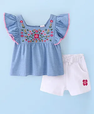 Babyhug Chambray Woven Half Sleeves Top & Shorts Set with Floral Embroidery - Blue & White