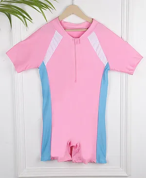 PASSION PETALS Half Sleeves Colour Blocked Legged Swimsuit - Pink