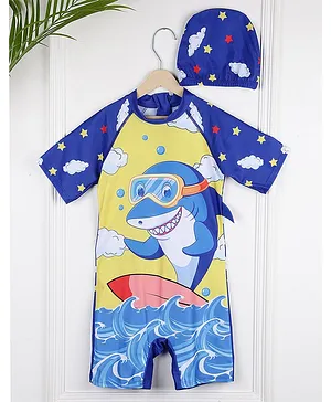 PASSION PETALS Half Raglan Sleeves Shark Printed Coordinating Swimsuit & Cap Set - Yellow & Blue