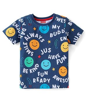 Babyhug  Cotton Knit Half Sleeves T-Shirt with Smiley  Print - Navy Blue