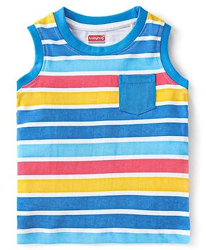 Babyhug 100% Cotton Knit Sleeveless Striped T-Shirt with Pocket- Multicolor