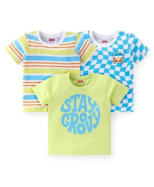 Babyhug Cotton Knit Half Sleeves T-Shirts Striped Checks & Text Graphics Pack of 3 - Green & Blue