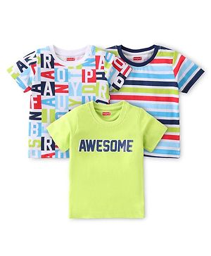 Babyhug Cotton Knit Half Sleeves T-Shirts Striped & Text Graphics Pack of 3 - Multicolour