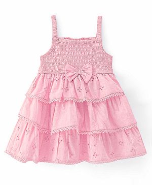 Babyhug Cambric Woven Singlet Sleeves Lace & Bow Detailing Layered Frock - Pink