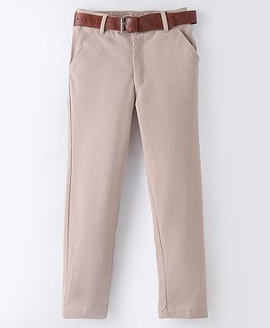 Mark & Mia Full Length Solid Party Wear Trousers with Belt Detailing - Beige