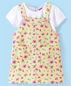 Babyhug 100% Cotton Woven Frock with Inner T-Shirt & Floral Print - Yellow & White