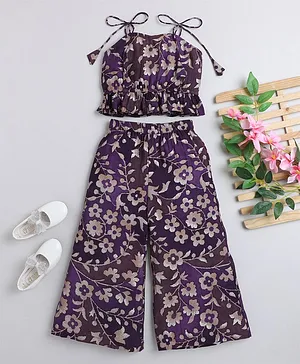 Taffykids Sleeveless Foil Floral Printed  Crop Top With Coordinating  Palazzo Pant Set - Purple & Gold