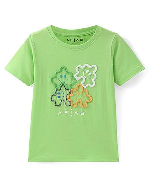 Arias Cotton Knit   Half Sleeves Stretch T-Shirts With Rope Embroidery and Puff Print - Green