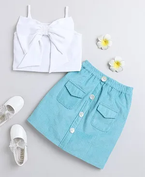 Taffykids Sleeveless Solid Bow Detailed Top & Skirt Set - White & Blue