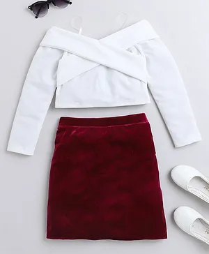 Taffykids Full Sleeves Solid Top & Skirt Set - White & Pink