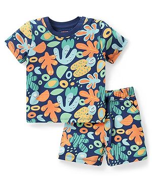 Babyhug Cotton Knit Half Sleeves Sea Life Printed Night Suit - Navy Blue