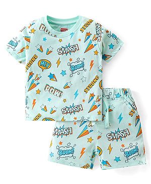 Babyhug Cotton Knit Single Jersey Half Sleeves Night Suit With Text Print - Blue