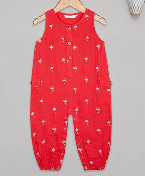 Budding Bees  Sleeveless Tree Printed Jumpsuit - Red