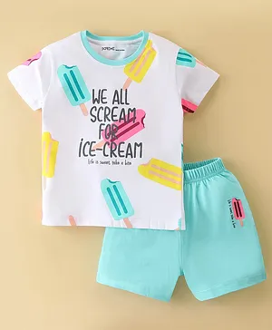 Doreme Single Jersey Knit Half Sleeves T-Shirt & Shorts With Text & Ice Cream Print - White & Blue