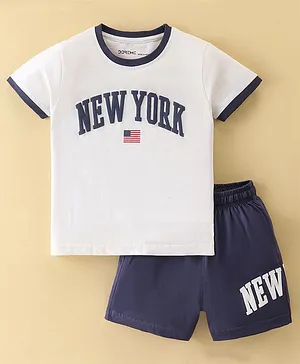 Doreme Single Jersey Knit Half Sleeves T-Shirt & Shorts With Text Print - White & Blue