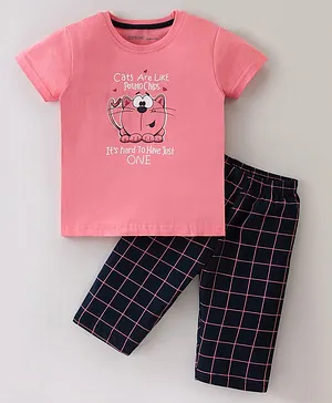 Doreme Cotton Knit Single Jersey Half Sleeves T-Shirt & Capri Kitty Print - Pink Berry & Navy Blue