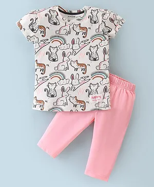Doreme Single Jersey Knit Half Sleeves T-Shirt & Capri Animals Print - White & Pink