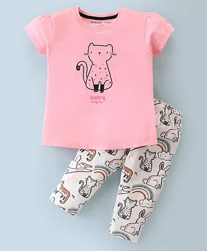 Doreme Single Jersey Knit Half Sleeves T-Shirt & Capri With Animals Print - Pink & White