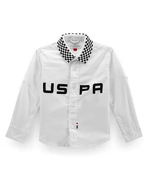 US Polo Assn Cotton Knit Full Sleeves Shirt WithText Print & Checked Collar - White