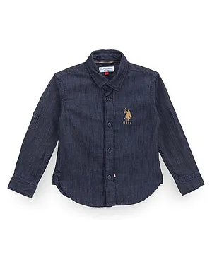 US Polo Assn Denim Knit Full Sleeves Shirt With Logo Embroidery - Blue
