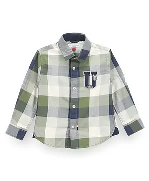 US Polo Assn Cotton Knit Full Sleeves Checked Shirt With Logo Embroidery - Olive