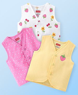 Babyhug 100% Cotton Knit Sleeveless Jhablas Polka Dot & Strawberry Print Pack of 3 - Pink White & Yellow