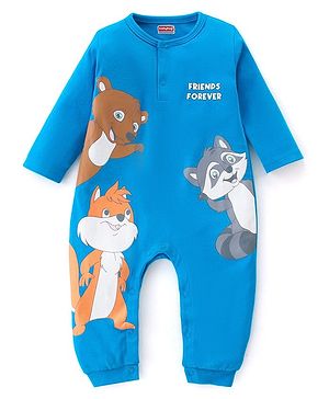 Babyhug 100% Cotton Knit Full Sleeves Romper Racoon Print - Blue