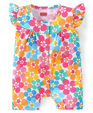 Babyhug 100% Cotton Frill Sleeves Romper With Floral Print - Multicolour