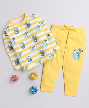 BUMZEE Cotton Knitted Full Sleeves Raccoon Printed Tee & Pajama Set - Yellow