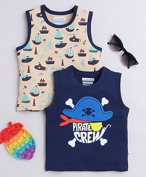 BUMZEE Pack Of 2 Sleeveless Sea Theme Printed Tees - Beige & Navy Blue