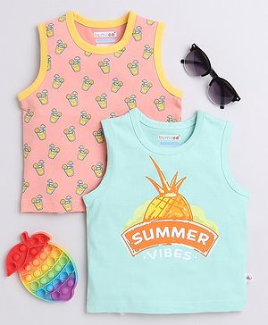 BUMZEE Pack Of 2 Sleeveless Pineapple & Juice Glass Printed Tees - Mint Green & Peach